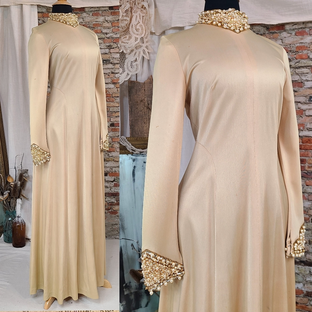 1960s JACK BRYAN Vintage Dress Gown Beaded Rhinestones Maxi Formal Elegant Tan